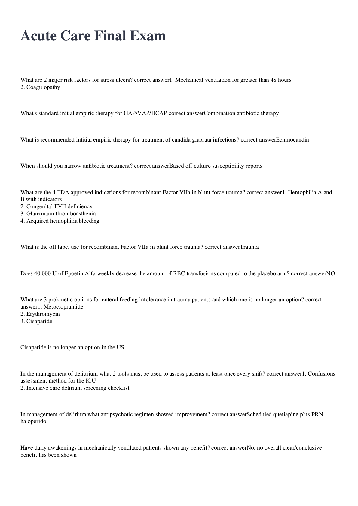 Preview image for Acute Care Final Exam 2022/2023 with 100% correct answers